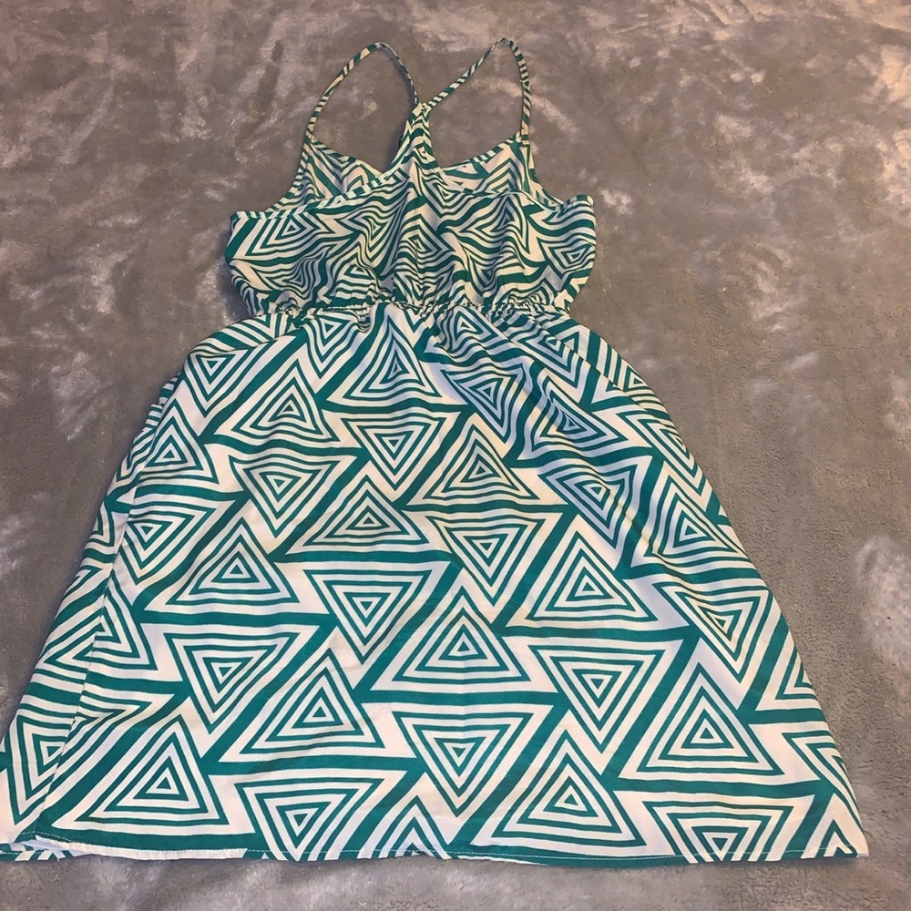 Size Small Annabella Green White Geometric Pattern Mini Sundress Dress Pockets